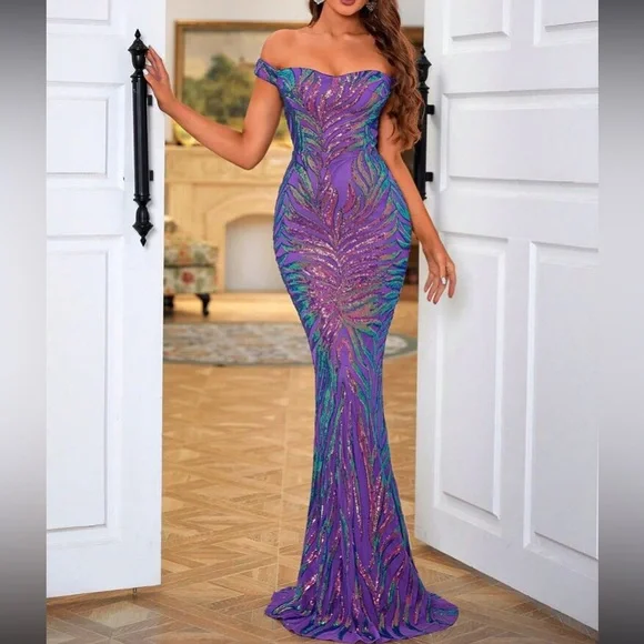 Luxe off shoulder mermaid hem party formal sequins dress